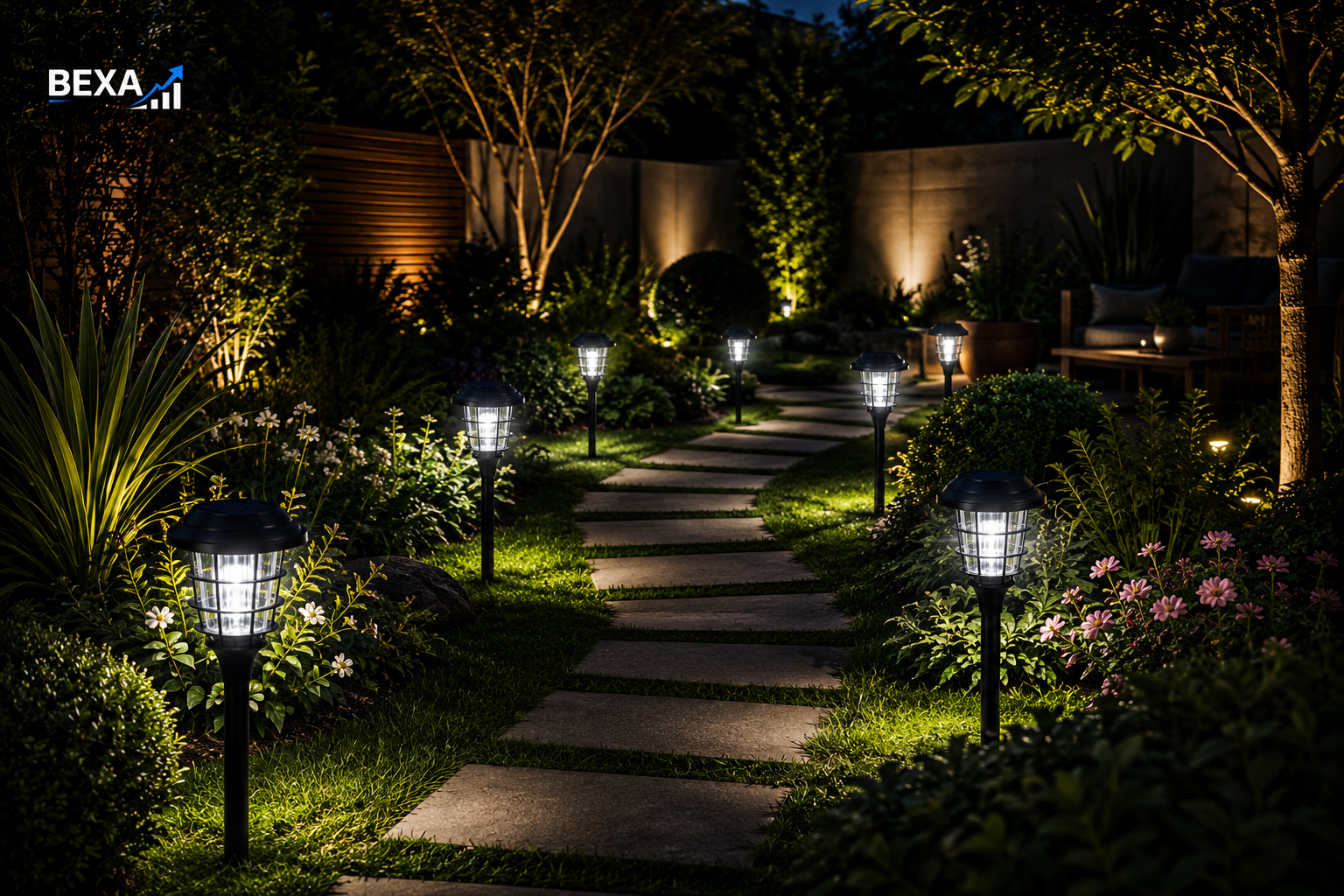 Jard&iacute;n iluminado de noche con luces solares